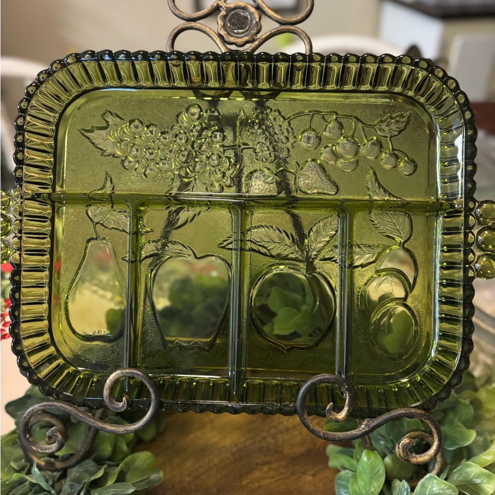Indiana Glass Avocado Green Divided Relish Tray | Mid Century Pressed